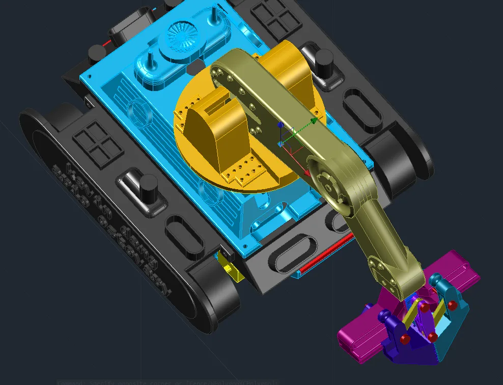 CAD model of the rover with the gripper attached to its articulated arm