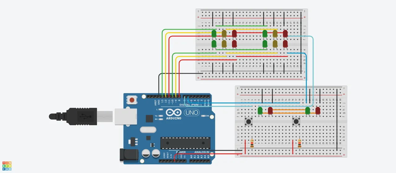 Simulated Arduino circuit with breadboards, LEDs, resistors and connecting wires