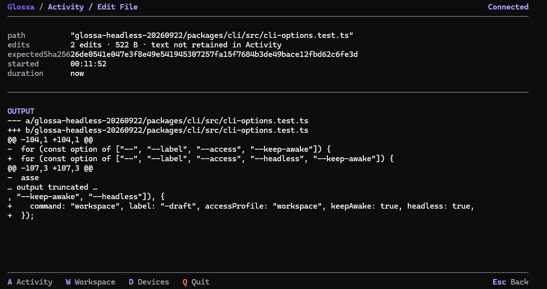 Glossa activity detail showing an edit file operation and its output