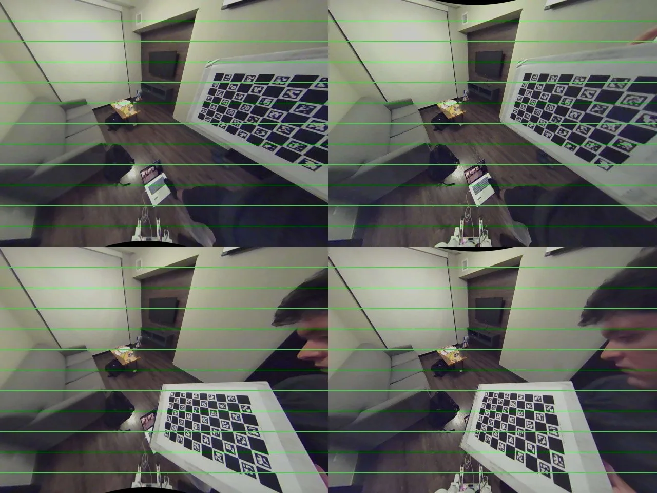 Two stereo image pairs of a printed calibration board with horizontal green guides for checking rectification